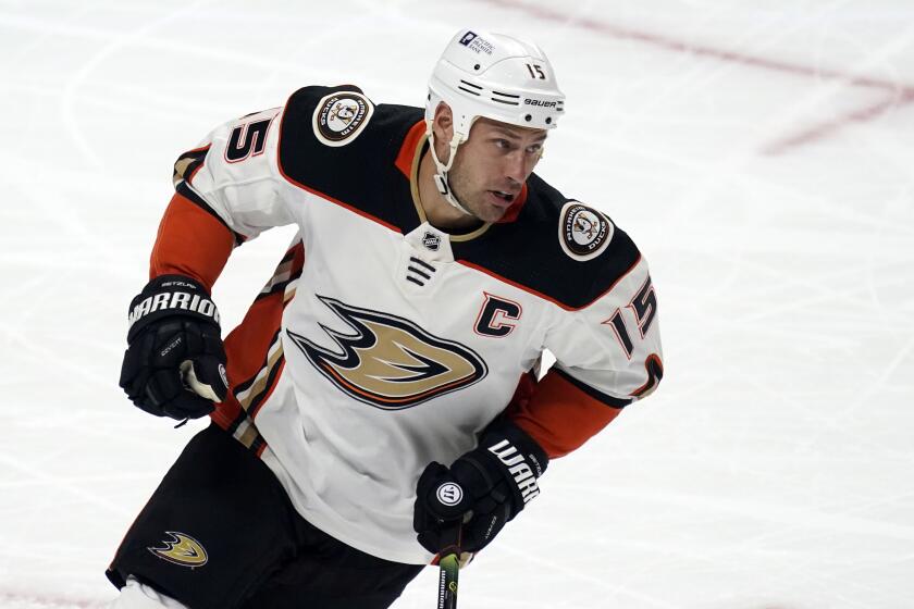 Anaheim Ducks center Ryan Getzlaf (15) during an NHL hockey game against the Los Angeles Kings Tuesday, April 20, 2021, in Los Angeles. (AP Photo/Marcio Jose Sanchez)