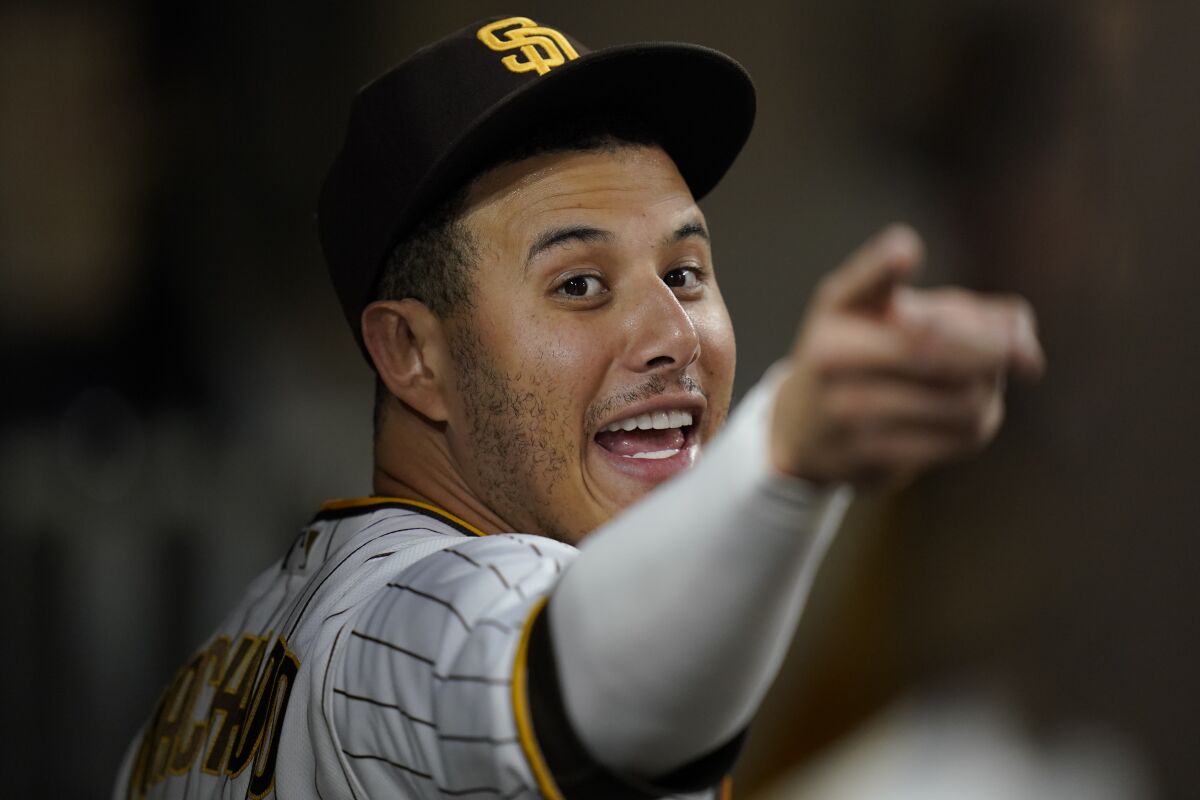 San Diego Padres third baseman Manny Machado points during a game against the San Francisco Giants in October.