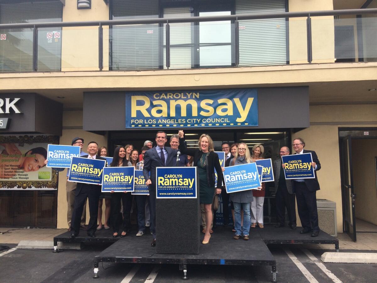 Los Angeles Mayor Eric Garcetti announces his endorsement of City Council candidate Carolyn Ramsay to represent District 4, which stretches from Sherman Oaks to the Miracle Mile.