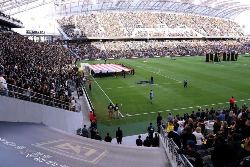 LOS ANGELES, CA - APRIL 29: The National Anthem is played before the inaugural Los Angeles FC home game against the Seattle Sounders at Banc of California Stadium on April 29, 2018 in Los Angeles, California. (Photo by Harry How/Getty Images) ** OUTS - ELSENT, FPG, CM - OUTS * NM, PH, VA if sourced by CT, LA or MoD **