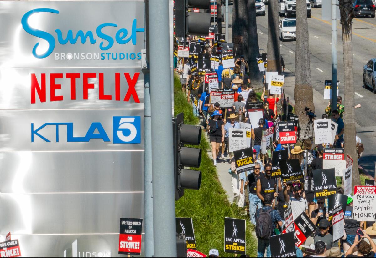 Strikers picket outside Netflix's offices on Sunset Boulevard. 