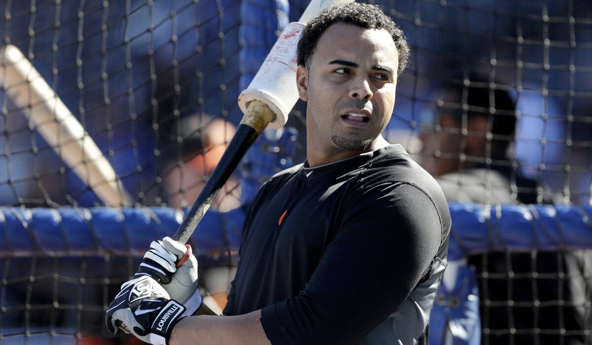 Orioles slugger Nelson Cruz waits to take batting practice before Game 4 of the American League Championship Series in Kansas City.