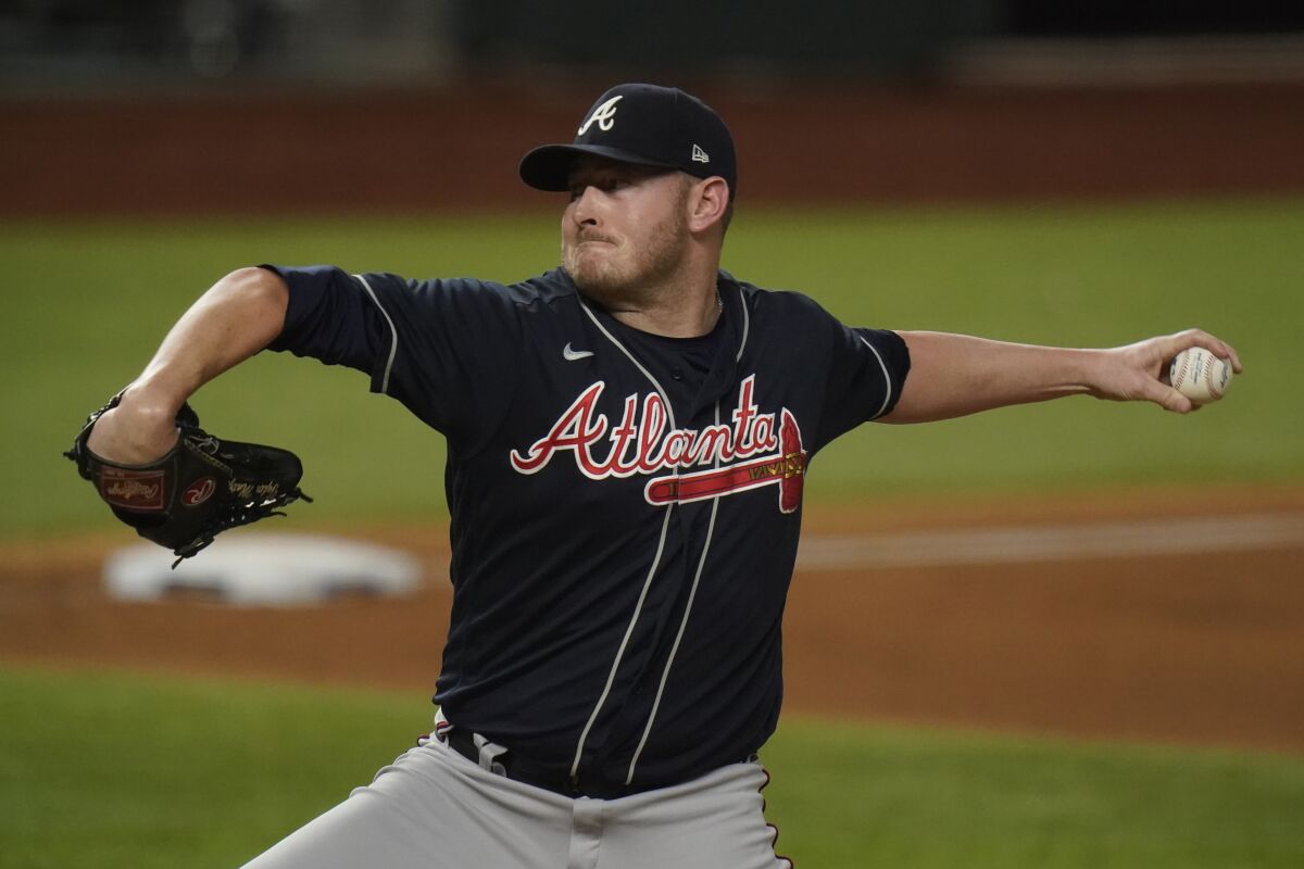 Braves relief pitcher Tyler Matzek throws against the Dodgers during Game 7 in 2020.
