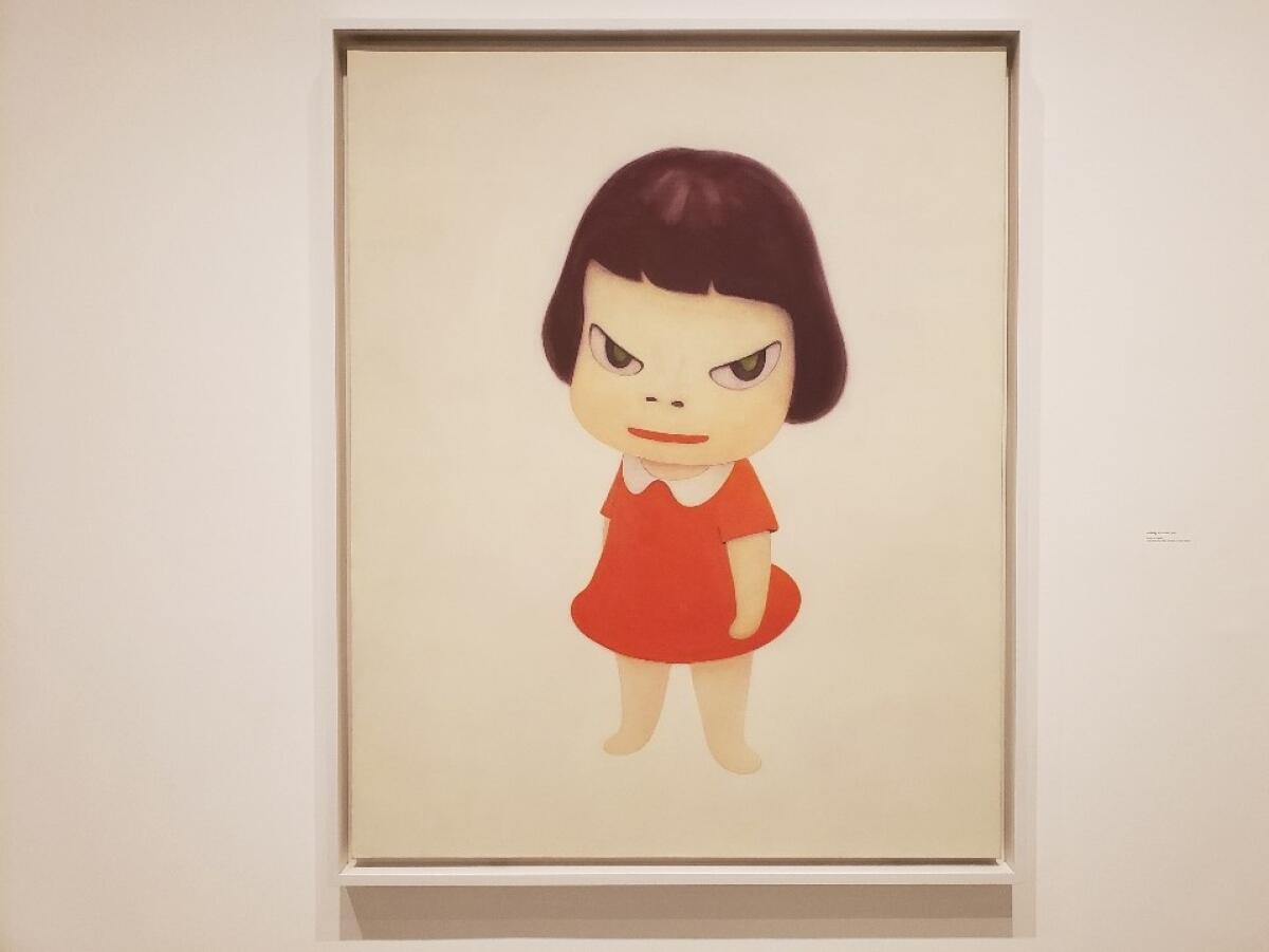Yoshitomo Nara, "Missing in Action," 1999, acrylic on canvas: image of a girl with a glare in her eyes.