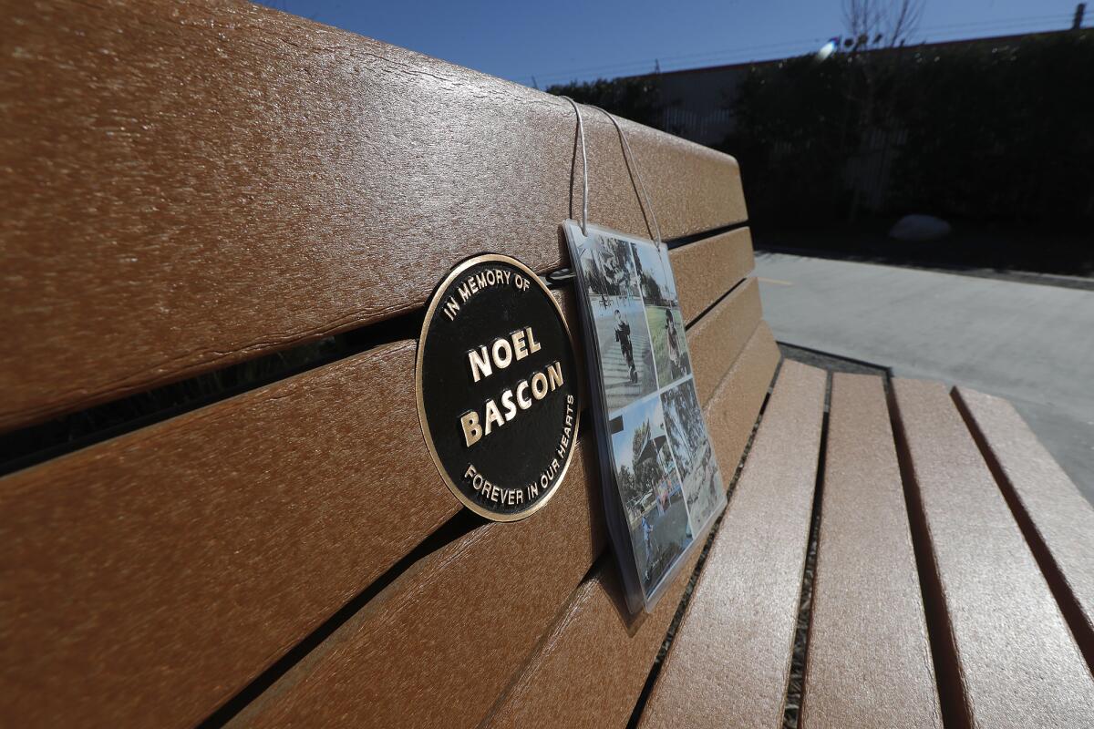 A memorial bench in honor of 12-year-old Noel Bascon at the intersection of Arlington and Junipero Drive In Costa Mesa.