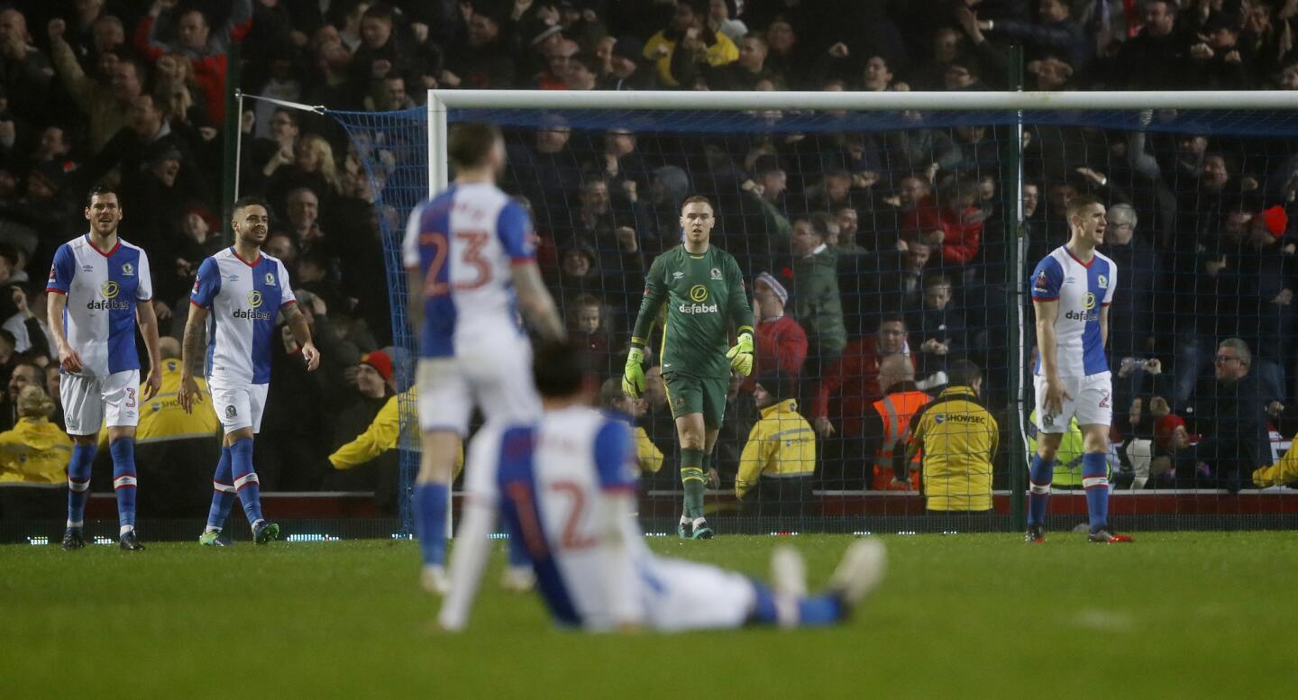 Blackburn Rovers' Jason Steele looks dejected after Manchester United's Zlatan Ibrahimovic scored their second goal