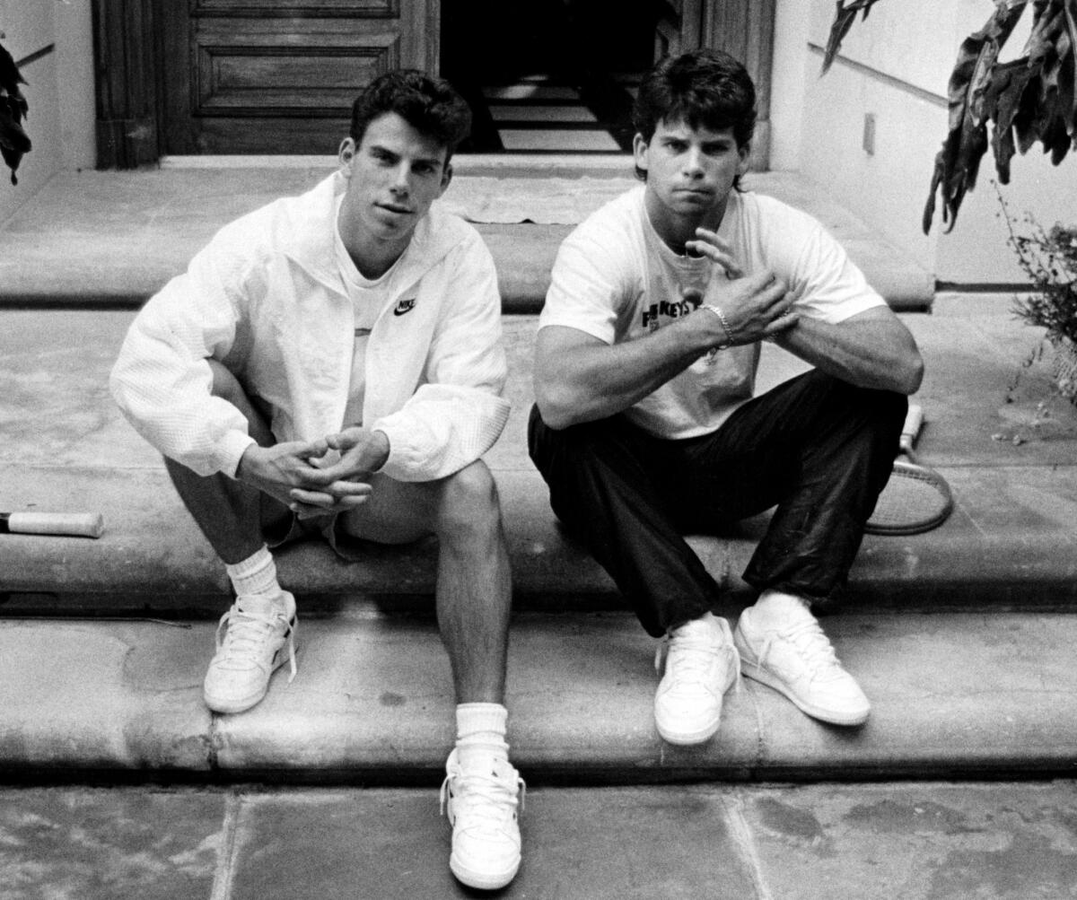 Menendez brothers, Erik, left, and Lyle on the steps of their Beverly Hills home in November 1989.