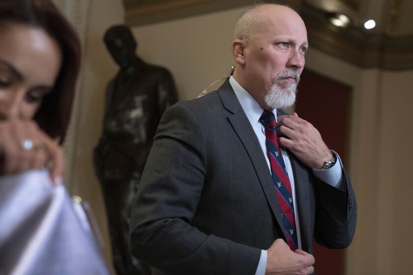 Rep. Chip Roy, R-Texas, Friday, Jan. 6, 2023, prepares to be interviewed on television ahead of the 14th vote for Speaker of the House, on Capitol Hill in Washington. (AP Photo/Jacquelyn Martin)