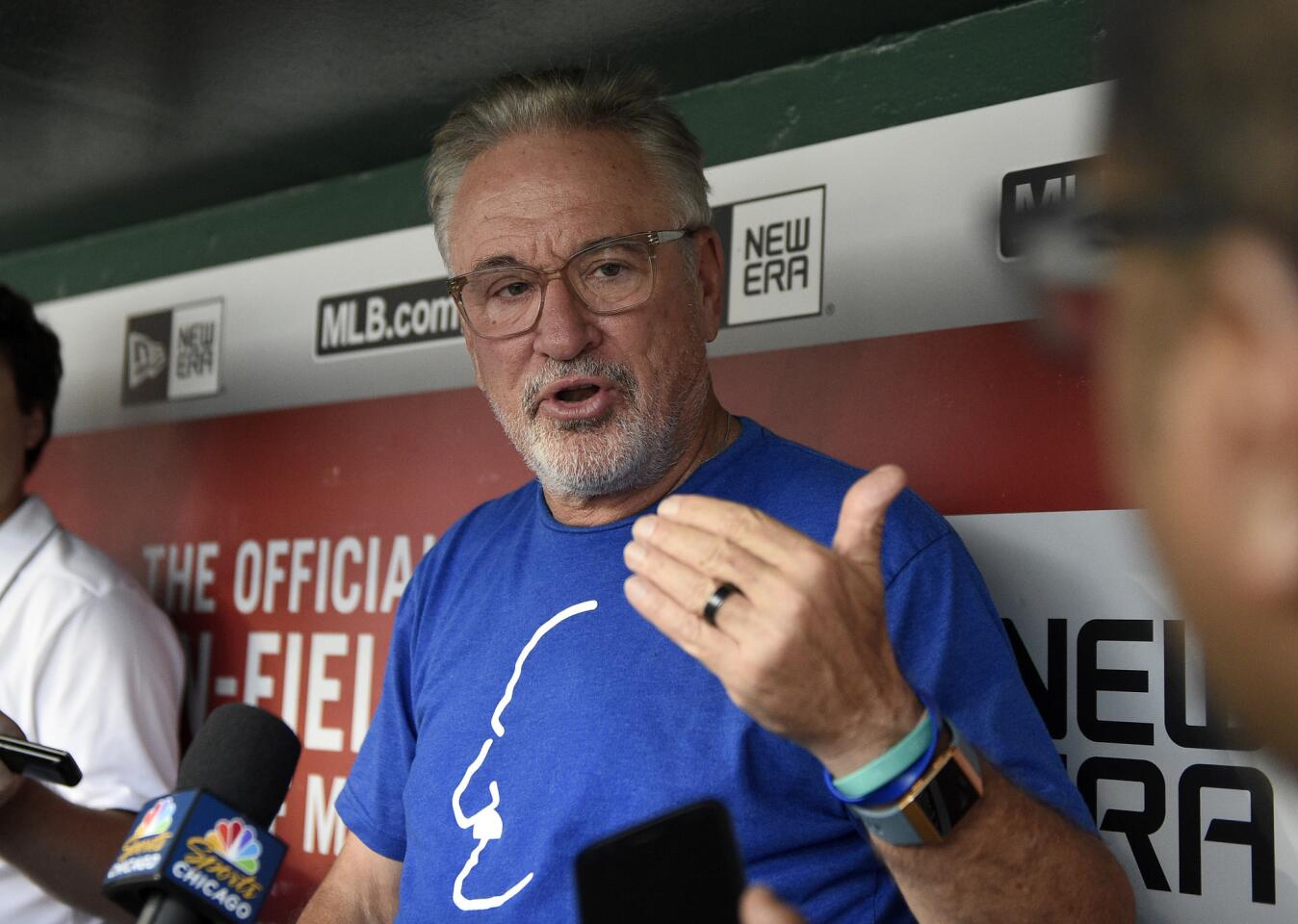 Cubs manager Joe Maddon talks to the media in the dugout before a game against the Nationals, Friday, Sept. 7, 2018, in Washington.