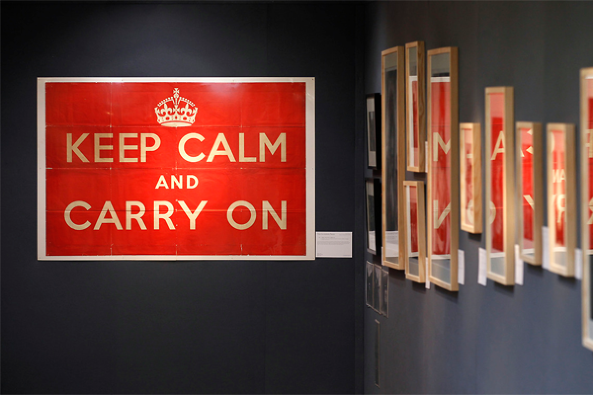 An original 1939 Ministry of Information "Keep Calm and Carry On" poster is seen on display at Christie's auction house in London.