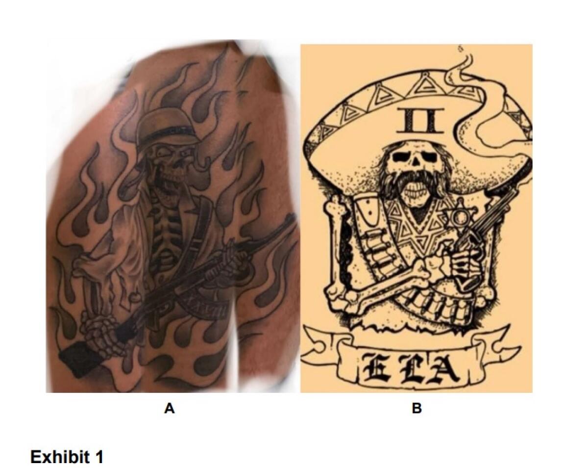 Two photos of tattoos, one depicting a skull with Nazi imagery and the other a skeleton with a sombrero, bandoleer and pistol