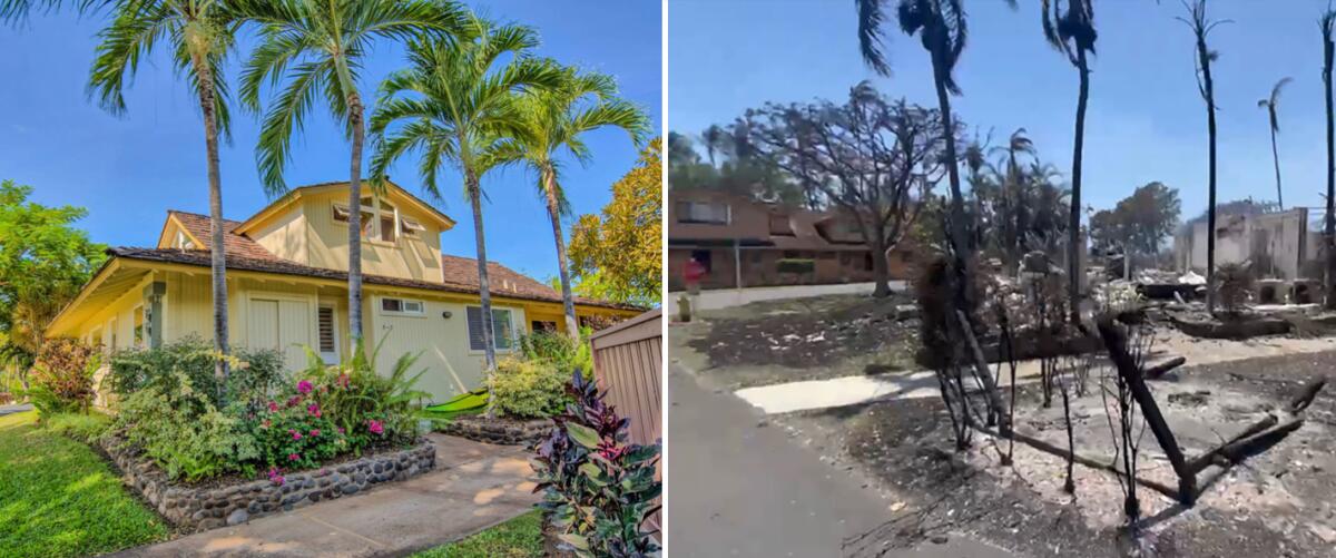 Photos of a Maui vacation home before and after the fire.