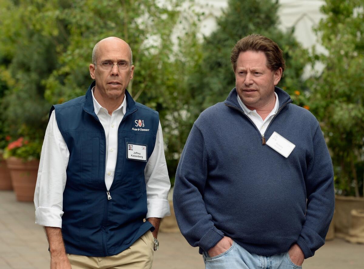 Dreamworks Animation Chief Executive Jeffrey Katzenberg, left, and Activision Chief Executive Bobby Kotick attend a conference in Sun Valley, Idaho.