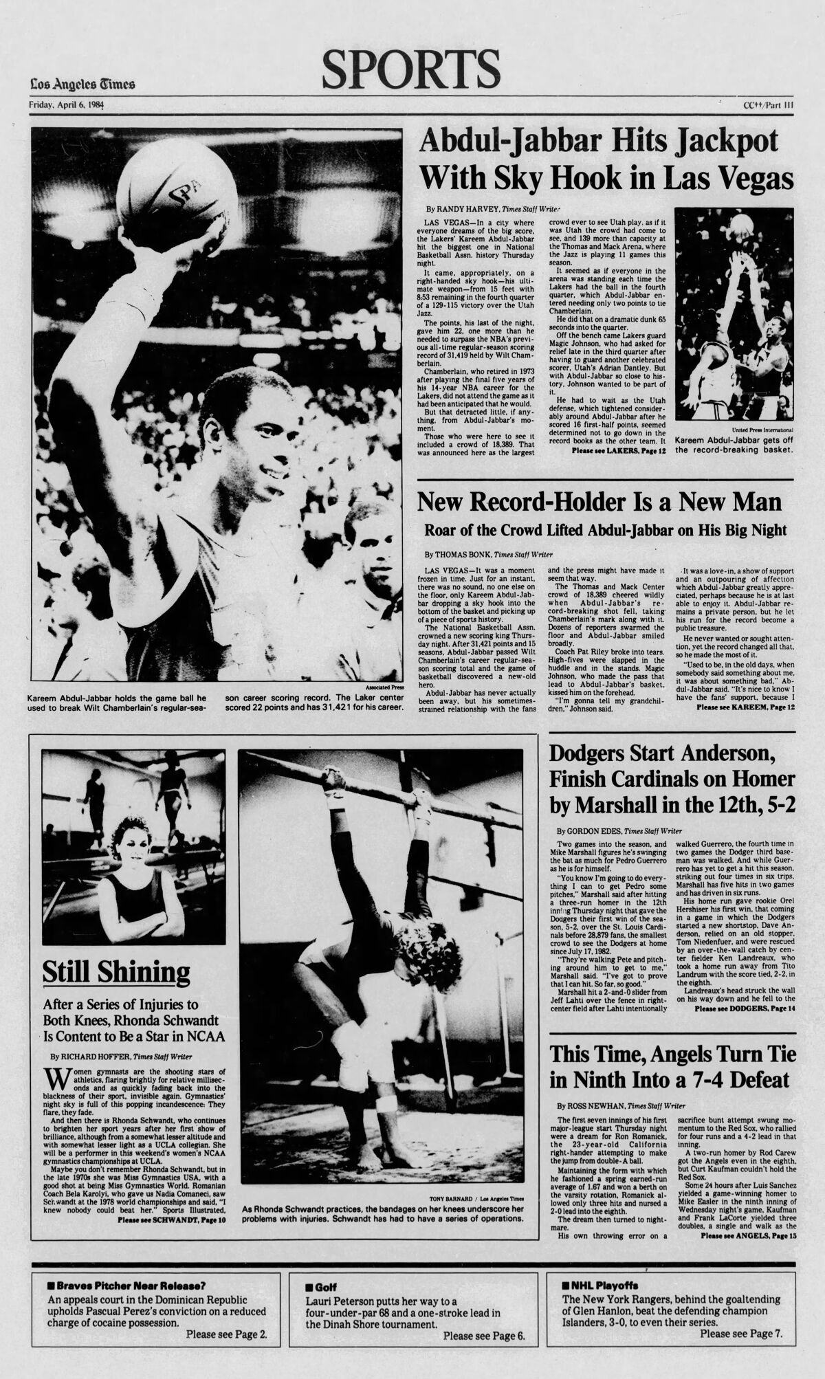 Los Angeles Times Sports cover for April 6, 1984. On April 5, 1984.