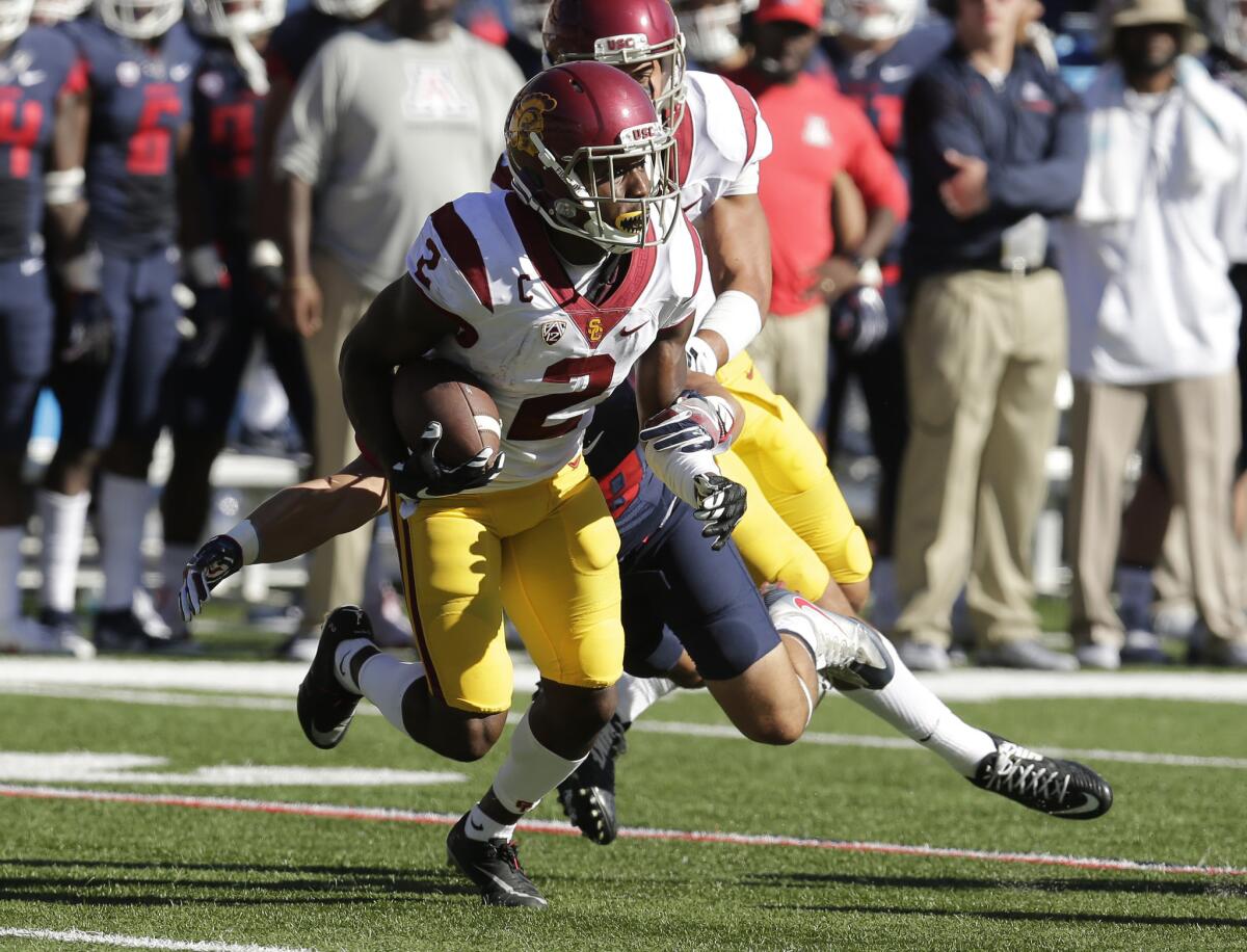 USC defensive back Adoree' Jackson heads upfield after recovering a fumble against Arizona on Oct. 15.