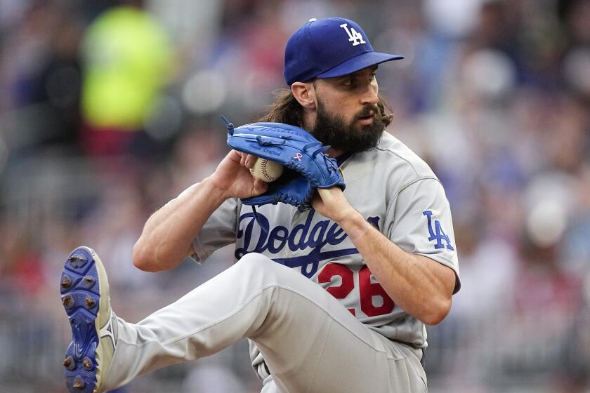 Los Angeles Dodgers starting pitcher Tony Gonsolin delivers in the first inning of a baseball game against the Atlanta Braves, Wednesday, May 24, 2023, in Atlanta. (AP Photo/John Bazemore)