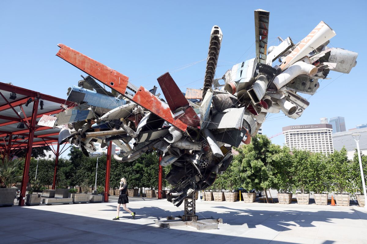 A 25-foot-high and 50-foot-wide sculpture made from airplane parts.