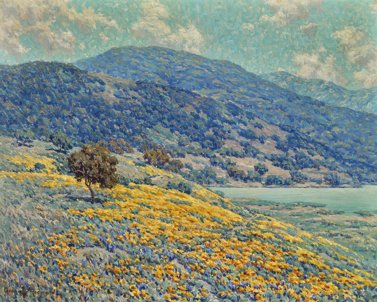 An impressionistic painting shows yellow wildflowers and a tree against a scrubby hillside