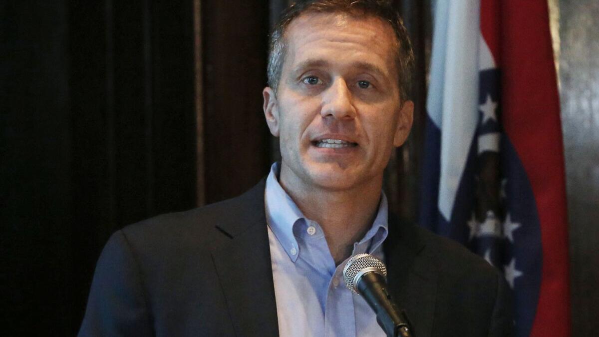Missouri Gov. Eric Greitens speaks at a news conference about allegations related to his extramarital affair with his hairdresser.