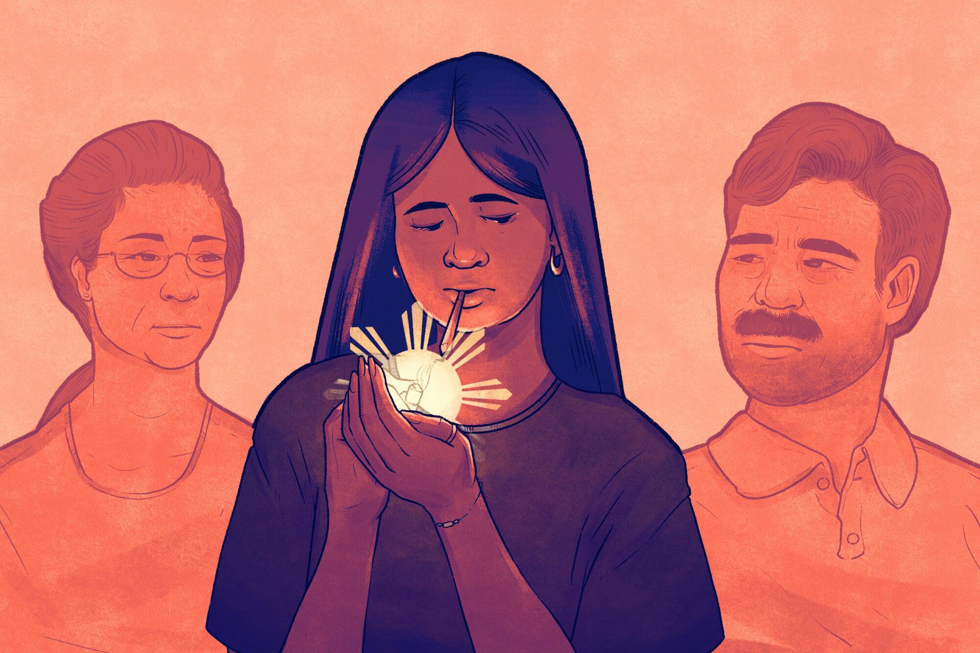 Illustration of a young woman lighting a joint with two parents behind. Glow from lighter resembles flag of the Philippines.