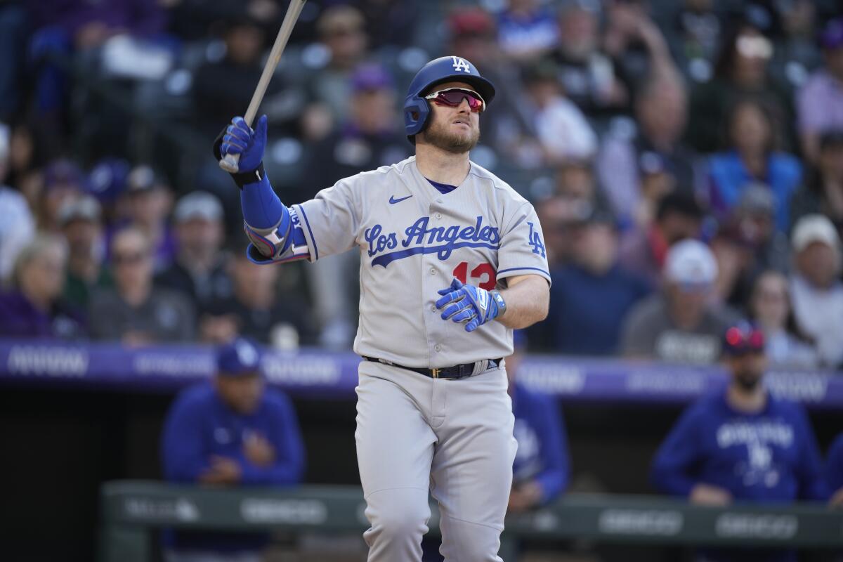 Dodgers' Max Muncy bats against the Colorado Rockies on April 8.