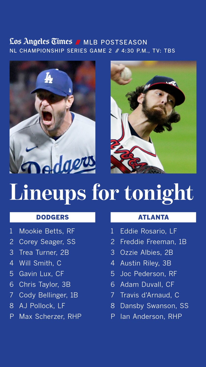 Dodgers vs. Braves lineup, Game 2 of the NLCS.