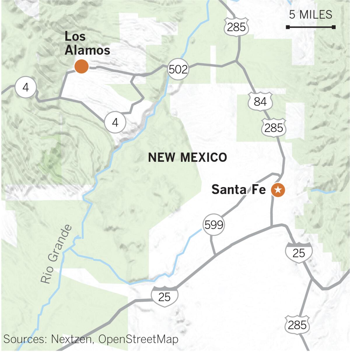 Map of New Mexico showing Santa Fe, U.S. 285 and Highway 502 / 30.