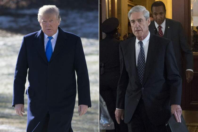 (COMBO) This combination of pictures created on January 24, 2018 shows US President Donald Trump on the South Lawn of the White House in Washington, DC, January 5, 2018, and former FBI Director Robert Mueller, special counsel on the Russian investigation, at the US Capitol in Washington, DC on June 21, 2017. Donald Trump said Wednesday he is willing to be questioned under oath by special prosecutor Robert Mueller, who is leading the investigation into collusion between the US president's election campaign and Russia. According to media reports Mueller, who is examining whether Trump tried to obstruct the Russia investigation, is hoping to interview the president in the coming weeks. / AFP PHOTO / SAUL LOEBSAUL LOEB/AFP/Getty Images ** OUTS - ELSENT, FPG, CM - OUTS * NM, PH, VA if sourced by CT, LA or MoD **