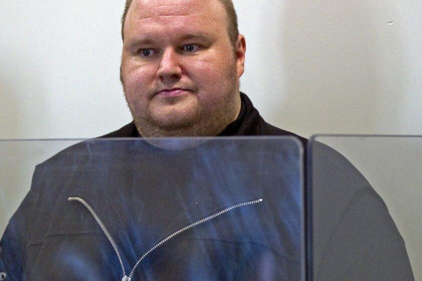 German national Kim Schmitz, also known as Kim Dotcom is remanded in custody at the District Court on charges in a US copyright infringement investigation in Auckland, New Zealand, 20 January 2012.