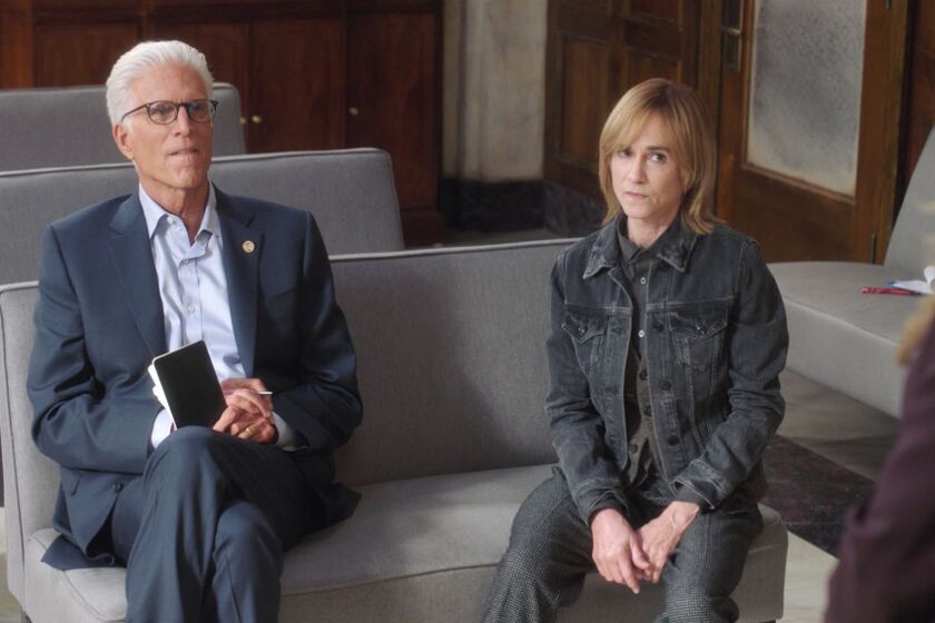 MR. MAYOR -- "Respect in the Workplace", Episodes 106 -- Pictured in these screen grabs: (l-r) Ted Danson as Mayor Neil Bremer, Holly Hunter as Arpi -- (Photo by: NBC)