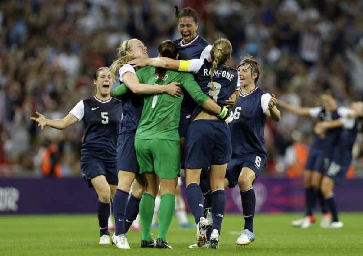 The U.S. women's soccer team celebrates its victory over Japan.