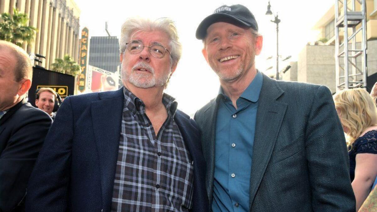 Filmmakers George Lucas, left, and Ron Howard attend the world premiere of "Solo: A Star Wars Story" in Hollywood on May 10.