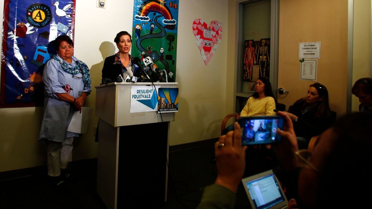 Oakland Mayor Libby Schaaf holds a press conference to address potential Immigration and Customs Enforcement activity in the area at Fruitvale Village in Oakland, Calif. on Feb. 25.