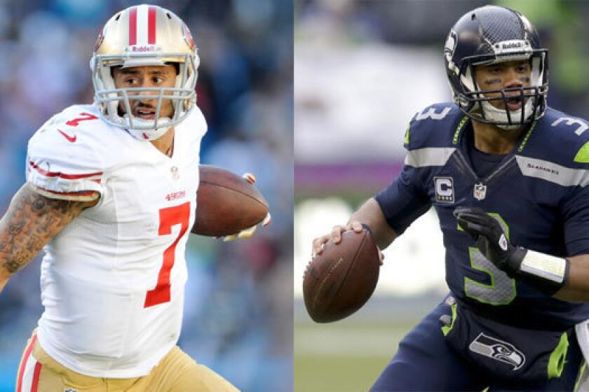 San Francisco's Colin Kaepernick, left, and Seattle's Russell Wilson will face off Sunday in the National Football Conference championship game.