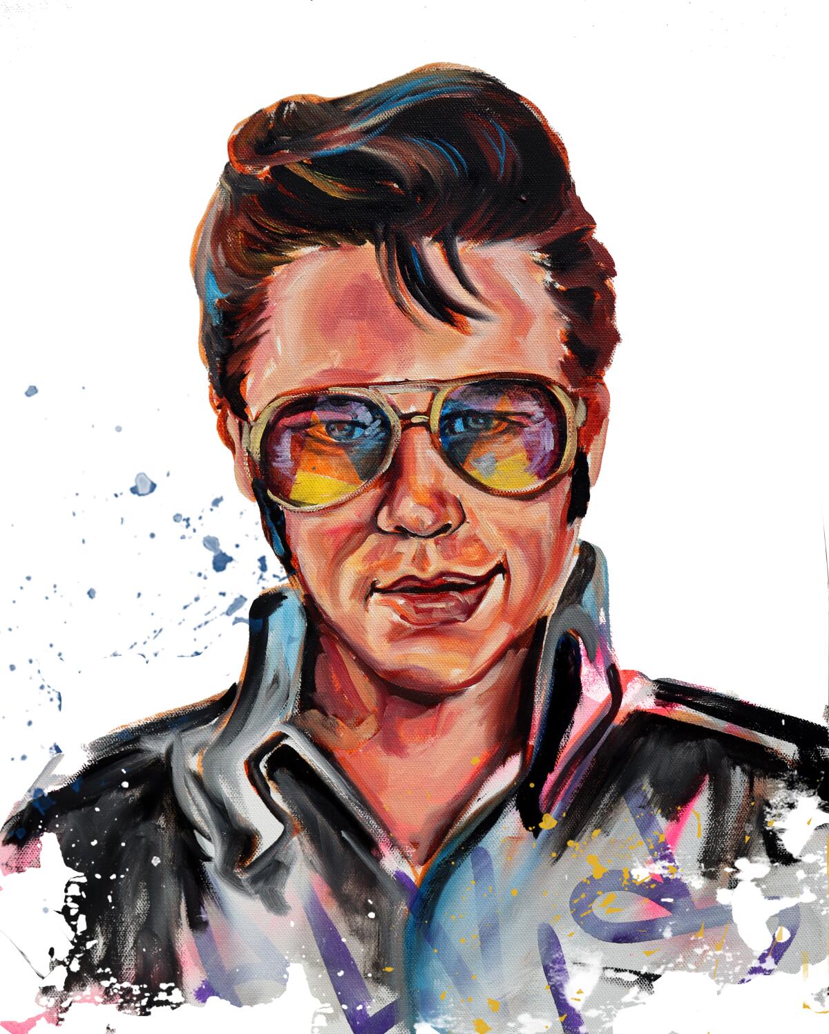 An illustration of Austin Butler as Elvis Presley.