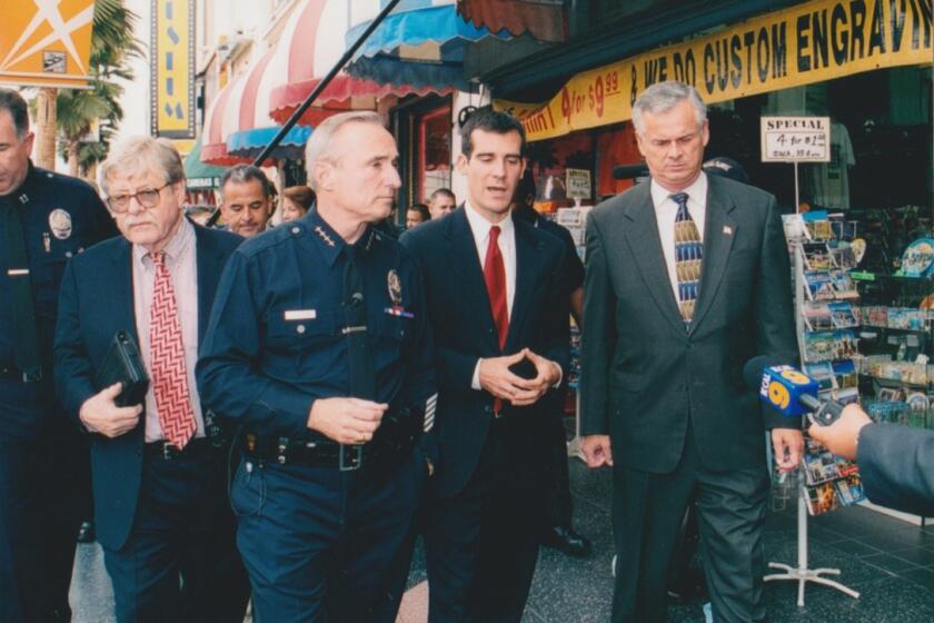 Hollywood 2003 Bill Bratton with George Kelling, City Council member Eric Garcetti, and Mayor Jim Hahn. Credit: Courtesy of the Author