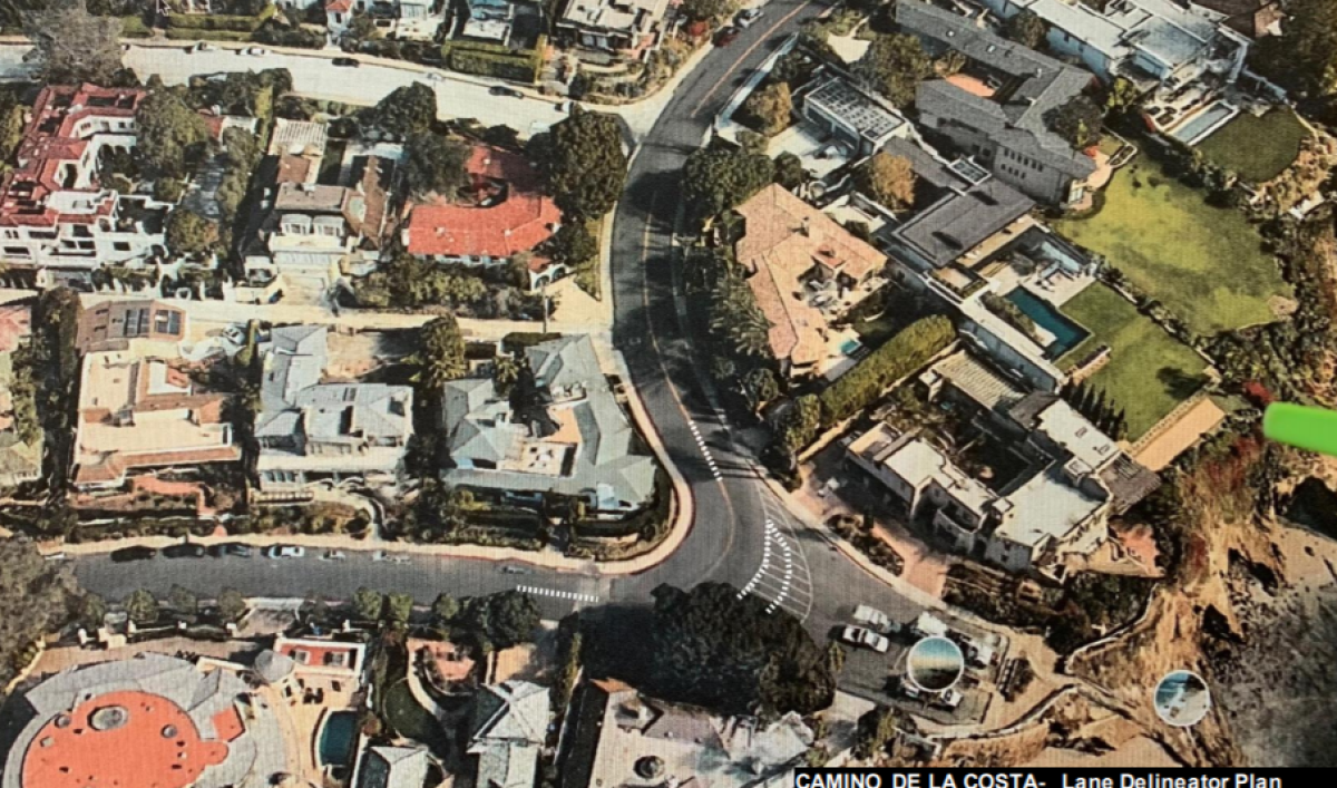 La Jolla's traffic board voted in 2021 to request pylons at the areas on Camino de la Costa indicated by broken white lines.