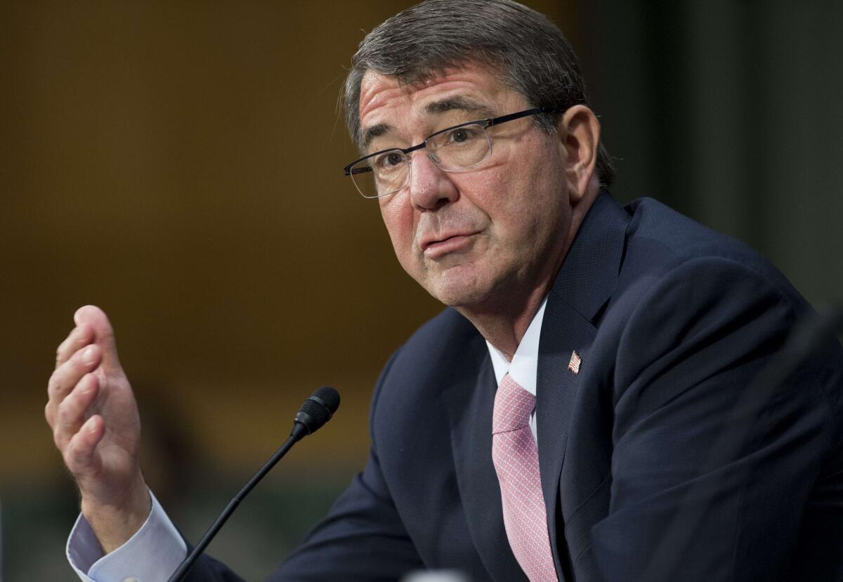 Secretary of Defense Ashton Carter testifies during a Senate Armed Services Commitee hearing about the Islamic State and U.S. policy in Iraq and Syria on Capitol Hill in Washington.