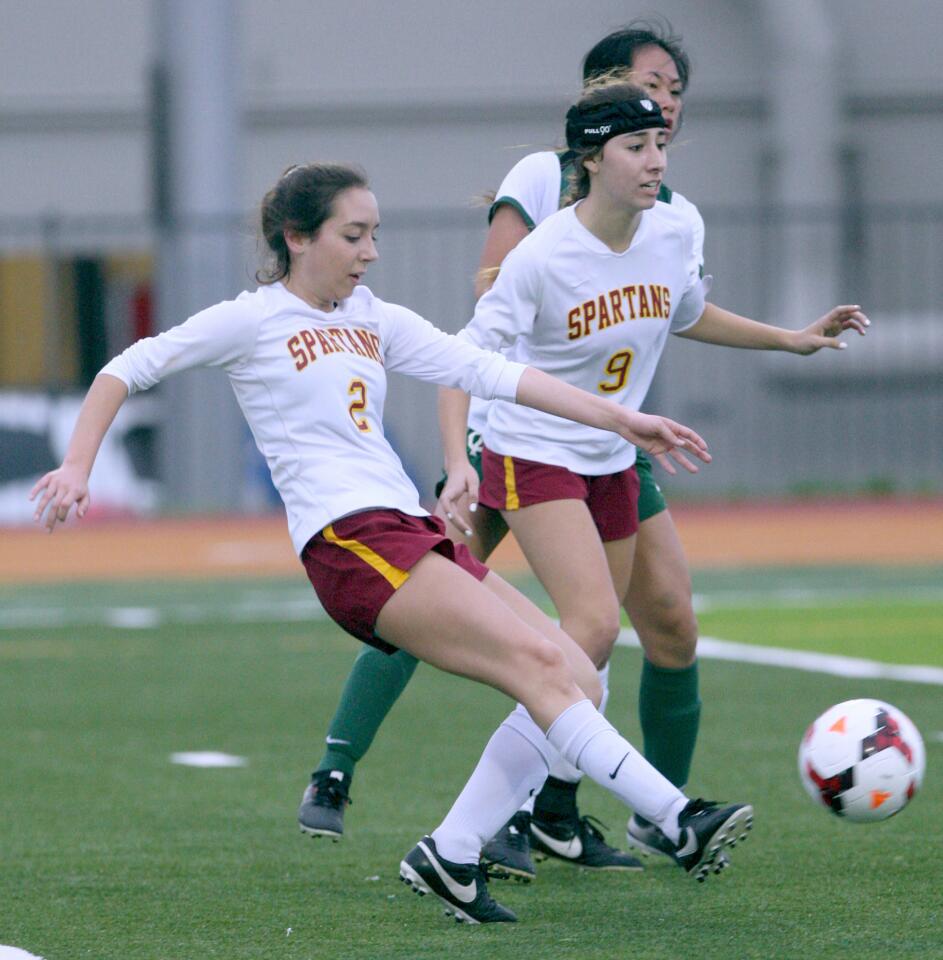 La Cañada High School girls soccer player #2 Camille Lorenz takes a shot on goal in game vs. Temple City at home in La Cañada Flintridge on Tuesday, Feb. 7, 2017.
