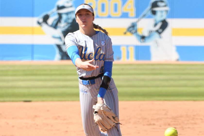 UCLA pitcher Holly Azevedo in action against Ole Miss in an NCAA Regional final on May 22, 2022.