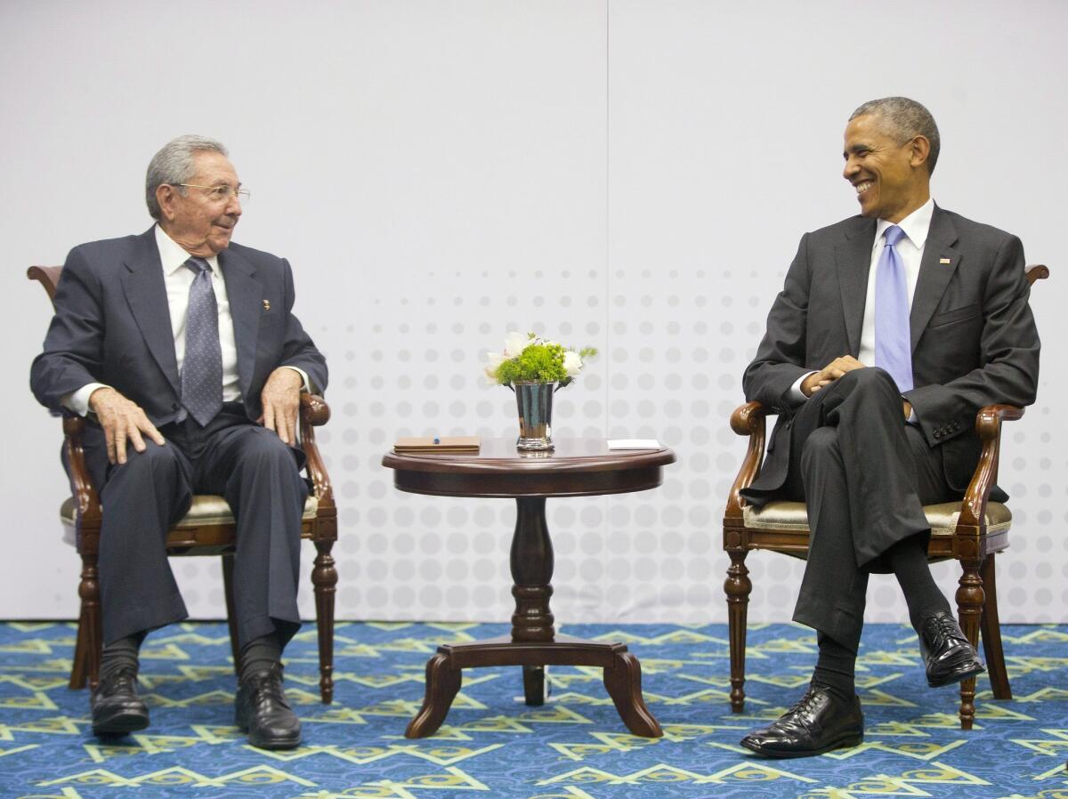 U.S. President Obama meets with Cuban leader Raul Castro at the Summit of the Americas in Panama City, Panama, on April 11.