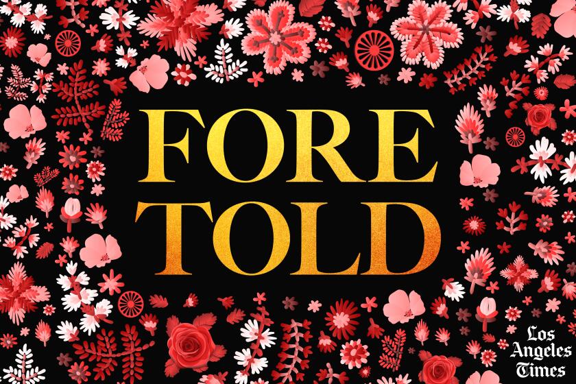 The "Foretold" logo in gold, surrounded by red, pink and white flowers and Romani wheels.