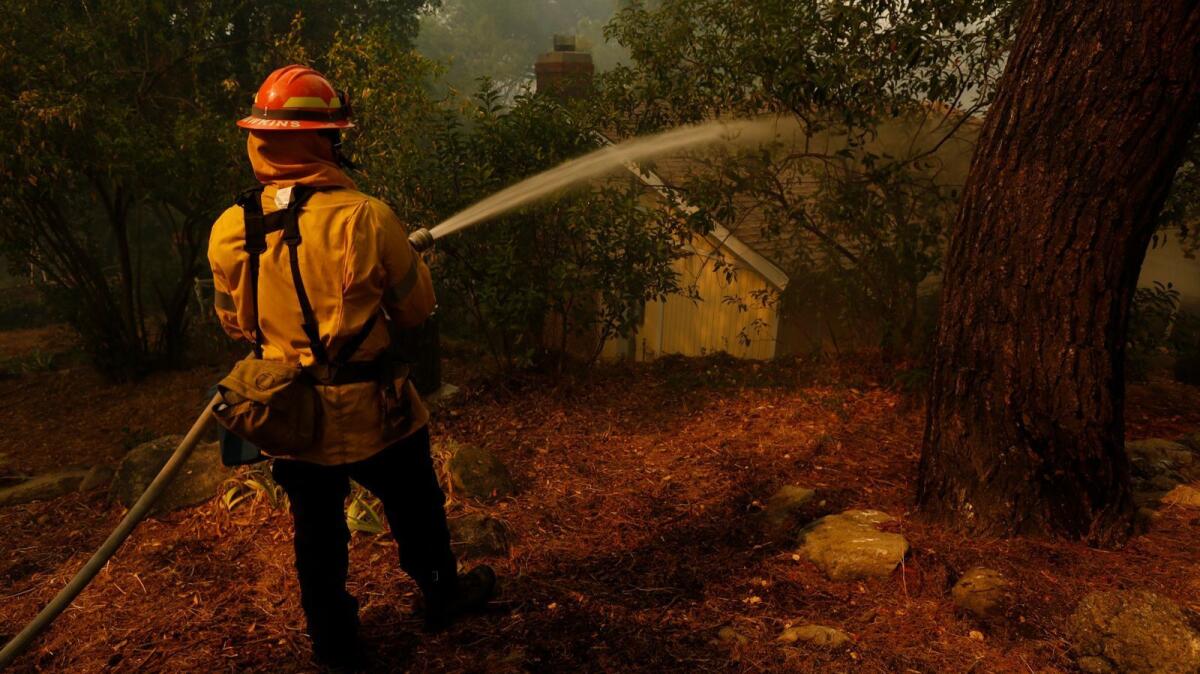 Los Angeles City firefighter Robert Hawkins hoses down a home to protect it from the La Tuna fire in Sunland.