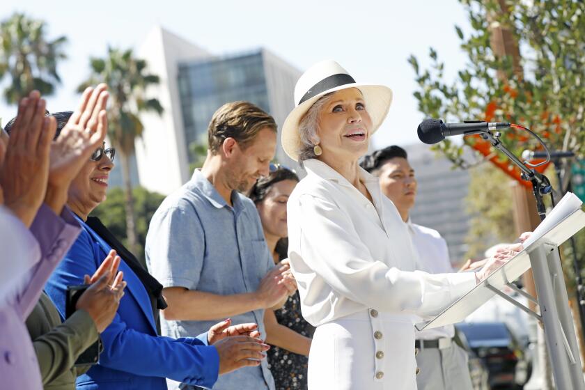 LOS ANGELES, CA - SEPTEMBER 1, 2022: Jane Fonda holds a press conference to announce the Jane Fonda Climate PAC's endorsement of a slate of Los Angeles area candidates at Grand Park in downtown Los Angeles on Thursday, September 1, 2022. (Christina House / Los Angeles Times)