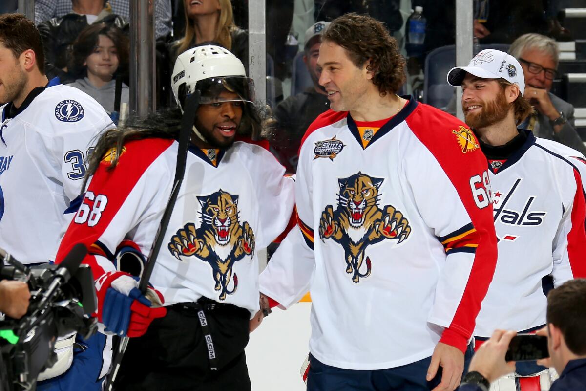 P.K. Subban of the Canadiens poses with Jaromir Jagr of the Panthers during All-Star Skill Competition at Bridgestone Arena on Jan. 30.
