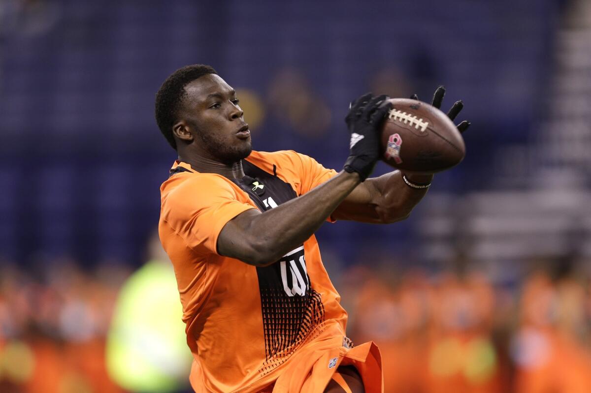 Former USC wide receiver Nelson Agholor runs a drill at the NFL scouting combine in Indianapolis on Feb. 21.