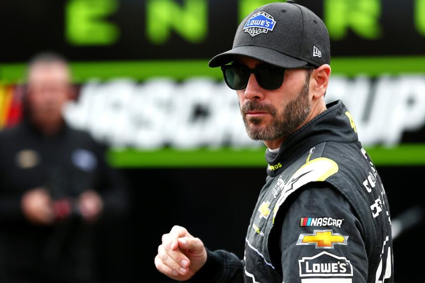 FONTANA, CA - MARCH 16: Jimmie Johnson, driver of the #48 Lowe's for Pros Chevrolet, leaves inspection after not making a qualifying run for the Monster Energy NASCAR Cup Series Auto Club 400 at Auto Club Speedway on March 16, 2018 in Fontana, California. (Photo by Sarah Crabill/Getty Images) ** OUTS - ELSENT, FPG, CM - OUTS * NM, PH, VA if sourced by CT, LA or MoD **