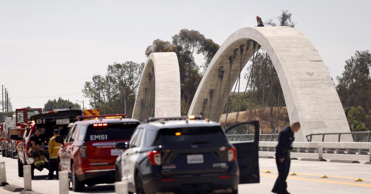 Un homme grimpe au sommet du pont de la 6e rue de Los Angeles, attire la police et les pompiers et arrête la circulation