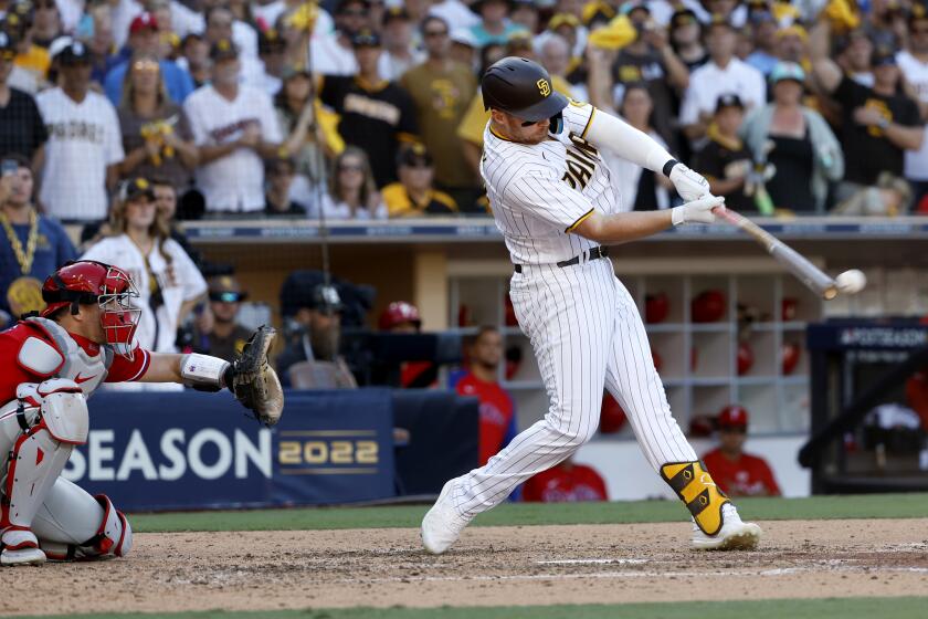 San Diego, CA - October 19:Brandon Drury (17) of the San Diego Padres hits a single the fifth inning of game two of the NLCS at Petco Park on Wednesday, Oct. 19, 2022 in San Diego, CA. (K.C. Alfred / The San Diego Union-Tribune)