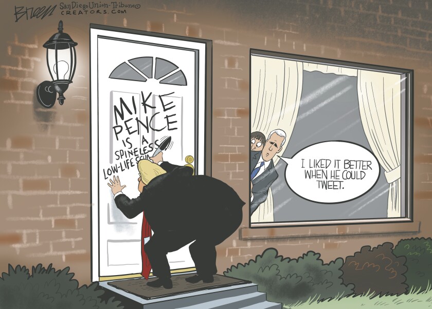 Trump write an angry message on VP Pence's front door in this Breen cartoon